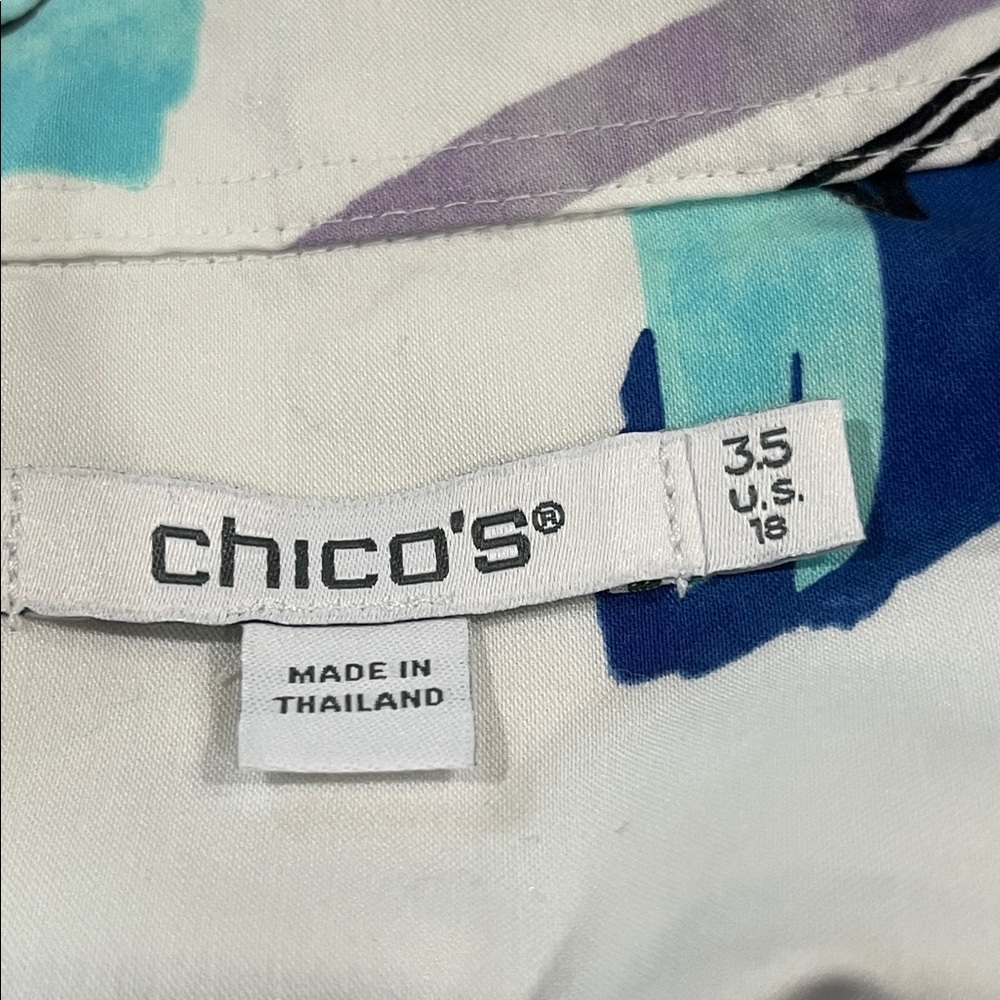 CHICOS Abstract Print Button Cuff Shirt in White, Blue & Teal WOMEN SIZE 3.5(18) - Picture 7 of 8